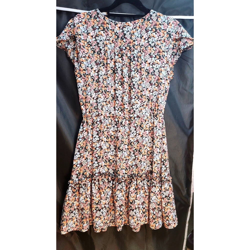 Daytrip Womens Floral V-Neck Mini Dress Orange Pink Blue Ruffle Hem Size Large - Picture 2 of 5